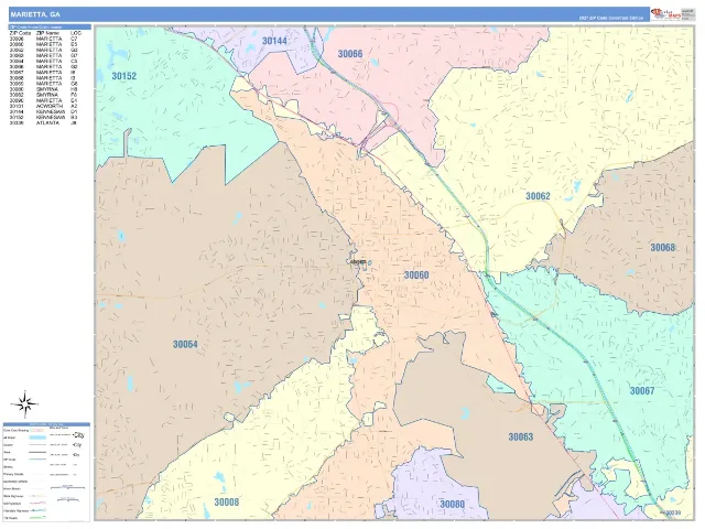 Marietta, GA ZIP Code Wall Map, ColorCast style