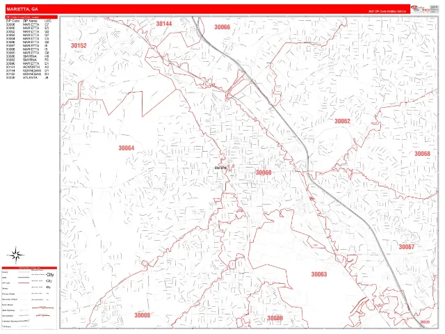 Marietta, GA ZIP Code Wall Map, RedLine style