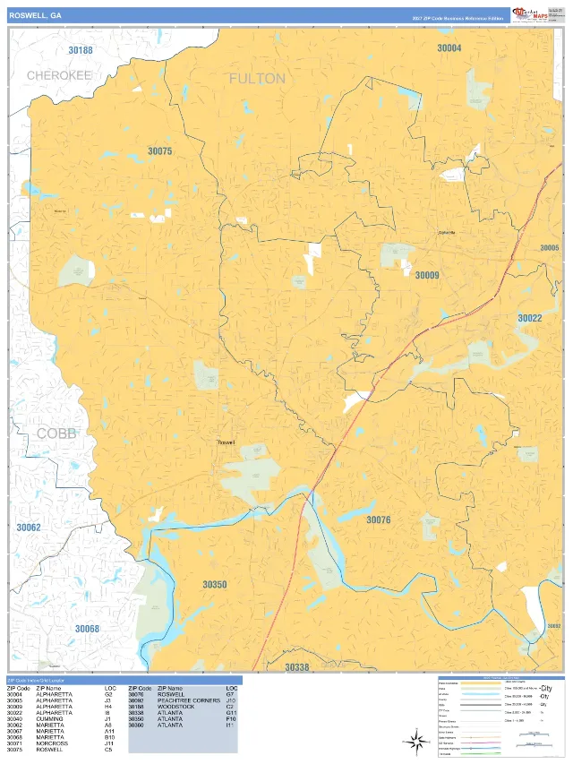 Roswell, GA ZIP Code Wall Map, Business Reference style