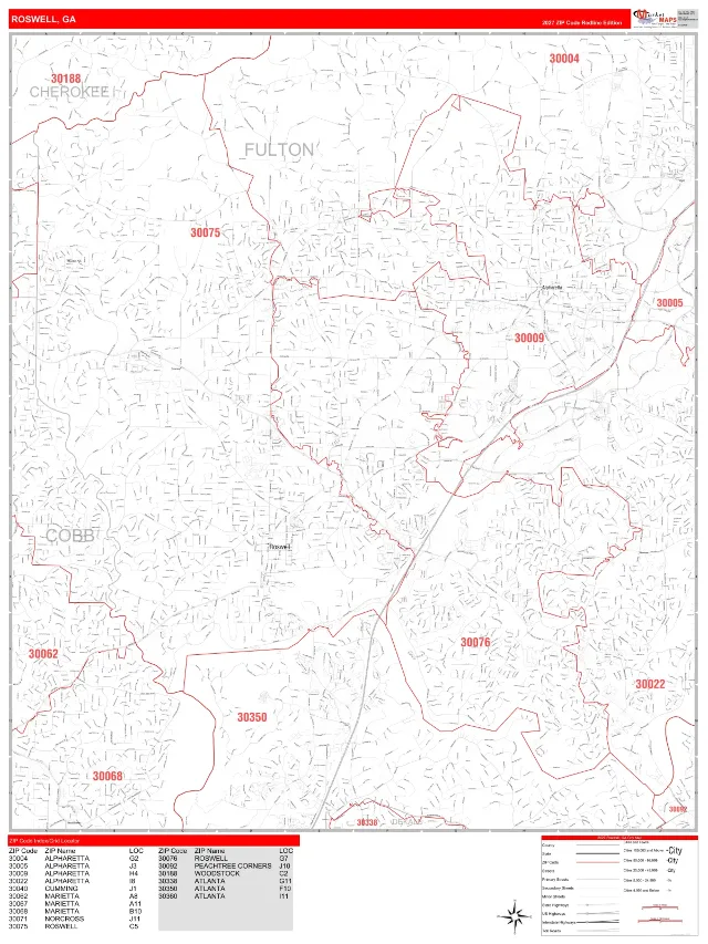 Roswell, GA ZIP Code Wall Map, RedLine style