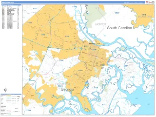 Savannah, GA Business Reference style ZIP Code wall map