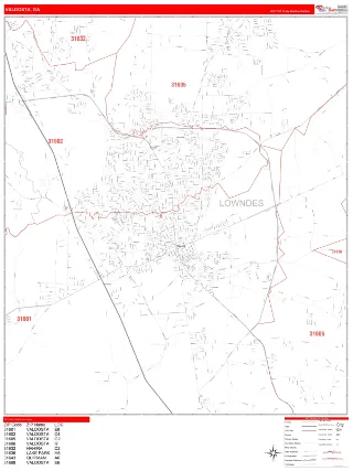 Valdosta, GA RedLine style ZIP Code wall map