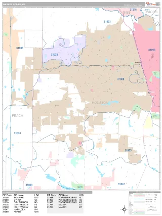 Warner Robins, GA Classic style ZIP Code wall map