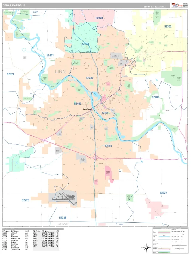 Cedar Rapids, IA ZIP Code Wall Map, Classic style