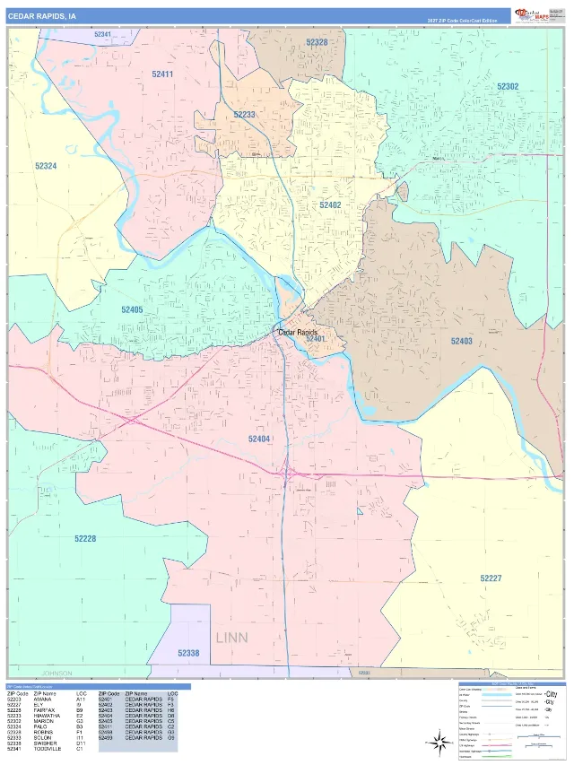 Cedar Rapids, IA ZIP Code Wall Map, ColorCast style