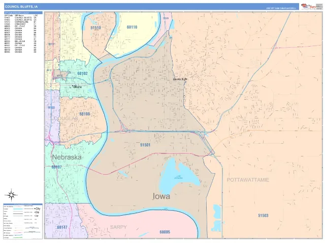 Council Bluffs, IA ZIP Code Wall Map, ColorCast style