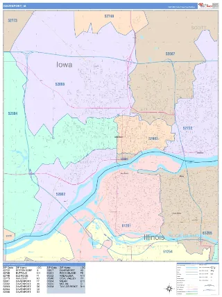 Davenport, IA ColorCast style ZIP Code wall map