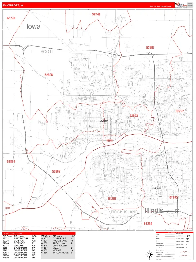 Davenport, IA ZIP Code Wall Map, RedLine style
