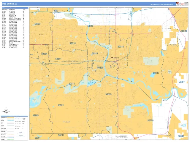 Des Moines, IA ZIP Code Wall Map, Business Reference style