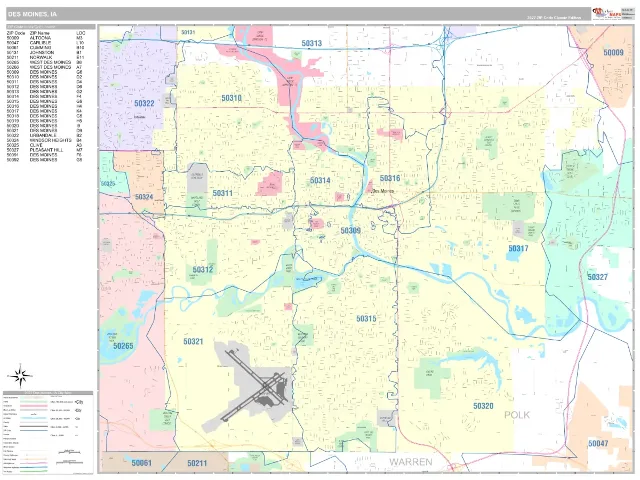 Des Moines, IA ZIP Code Wall Map, Classic style