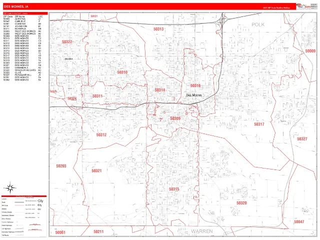 Des Moines, IA ZIP Code Wall Map, RedLine style