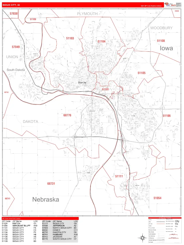 Sioux City, IA ZIP Code Wall Map, RedLine style