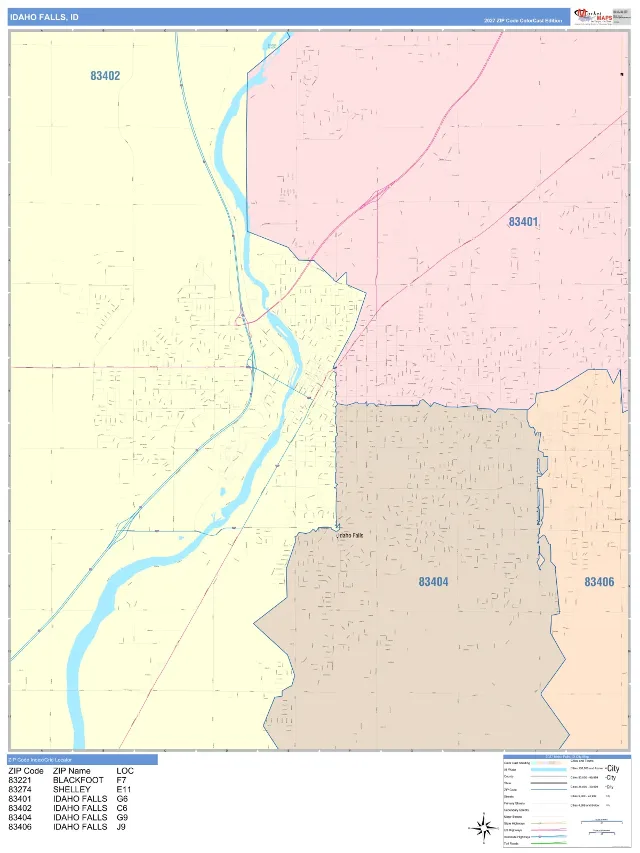 Idaho Falls, ID ZIP Code Wall Map, ColorCast style