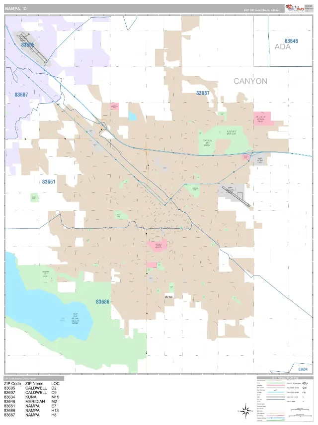 Nampa, ID ZIP Code Wall Map, Classic style