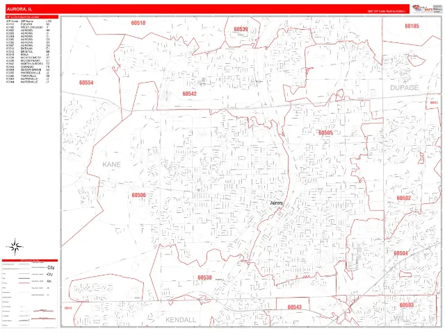Aurora, IL ZIP Code Wall Map, RedLine style