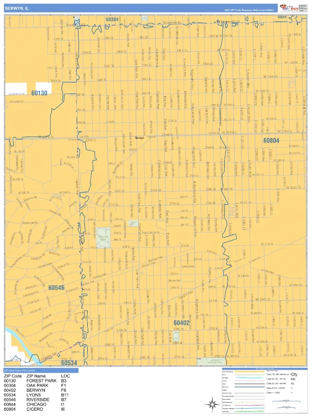 Berwyn, IL ZIP Code Wall Map, Business Reference style