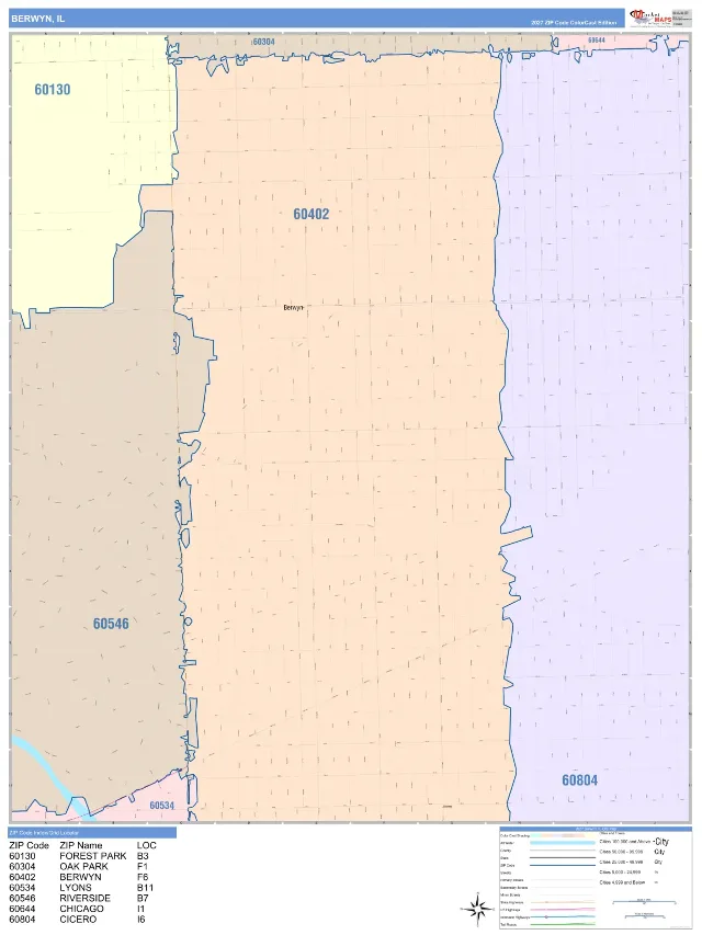 Berwyn, IL ZIP Code Wall Map, ColorCast style