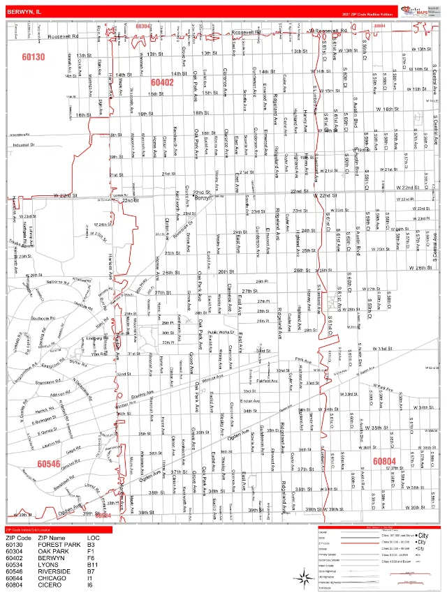 Berwyn, IL ZIP Code Wall Map, RedLine style
