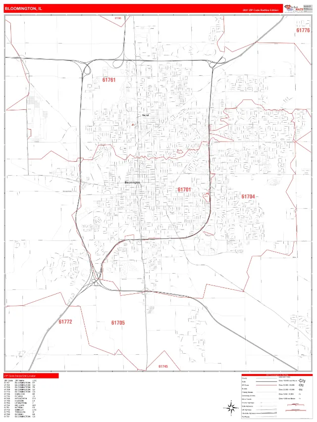 Bloomington, IL ZIP Code Wall Map, RedLine style