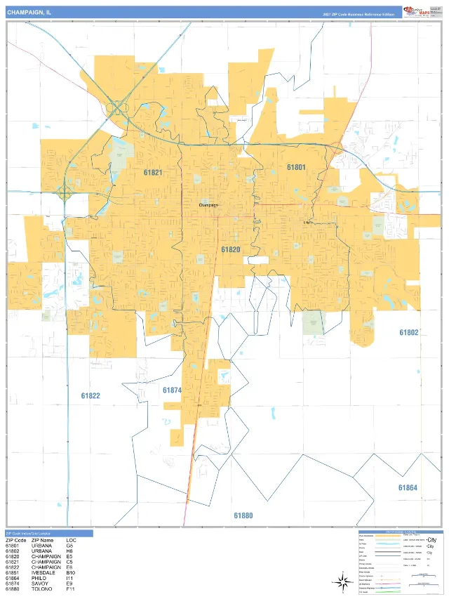 Champaign, IL ZIP Code Wall Map, Business Reference style