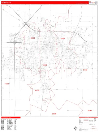Champaign, IL RedLine style ZIP Code wall map