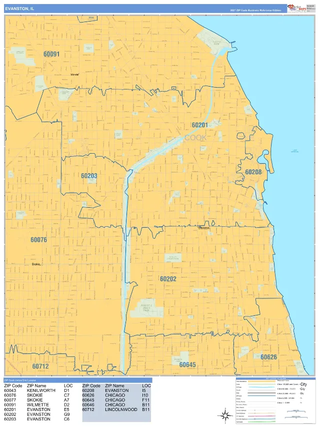 Evanston, IL ZIP Code Wall Map, Business Reference style