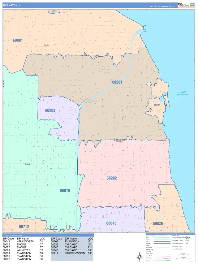 Evanston, IL ZIP Code Wall Map, ColorCast style