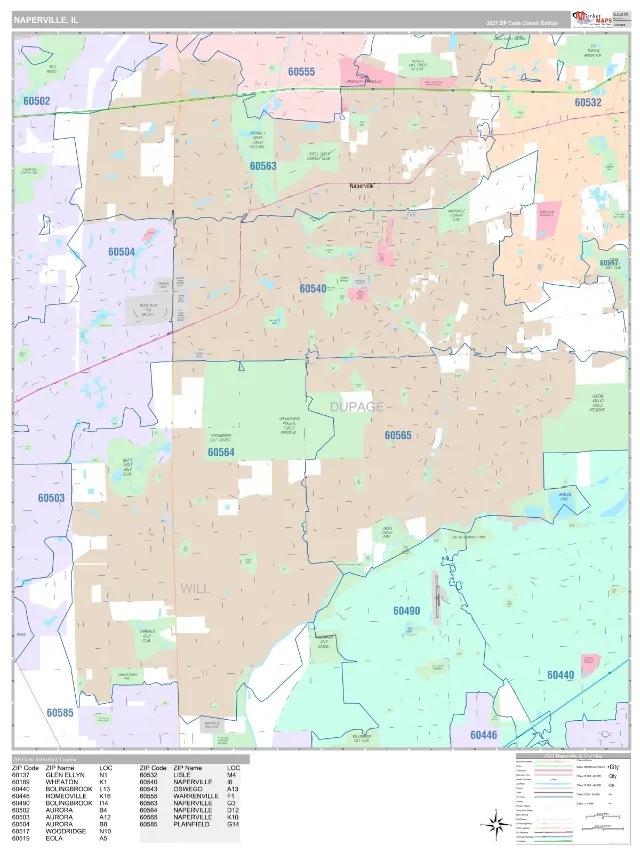 Naperville, IL ZIP Code Wall Map, Classic style