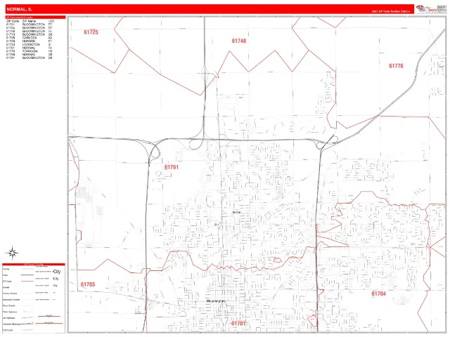 Normal, IL ZIP Code Wall Map, RedLine style