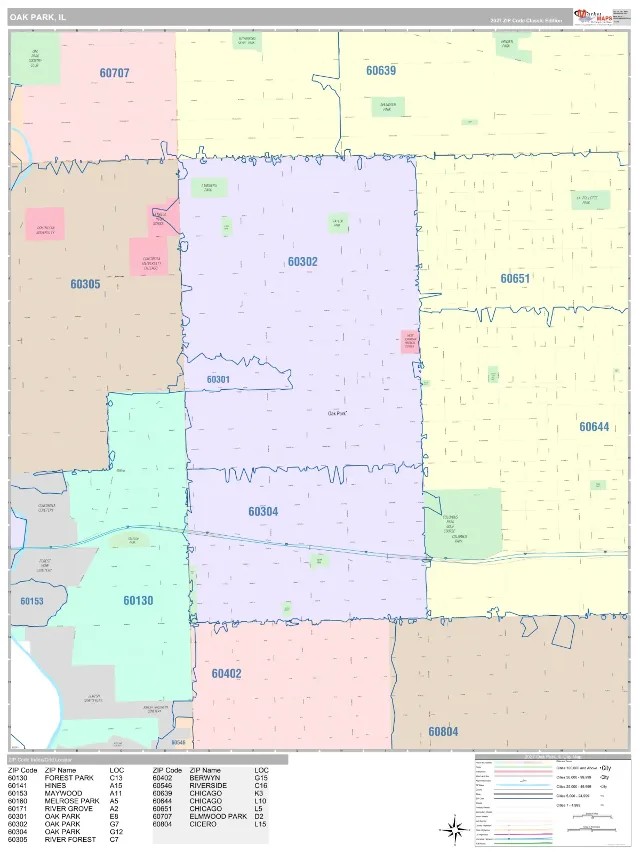 Oak Park, IL ZIP Code Wall Map, Classic style