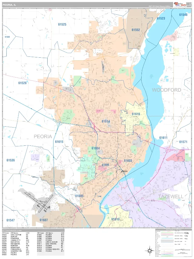 Peoria, IL ZIP Code Wall Map, Classic style