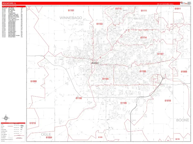 Rockford, IL ZIP Code Wall Map, RedLine style
