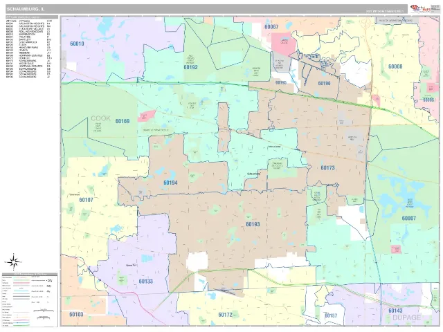 Schaumburg, IL ZIP Code Wall Map, Classic style