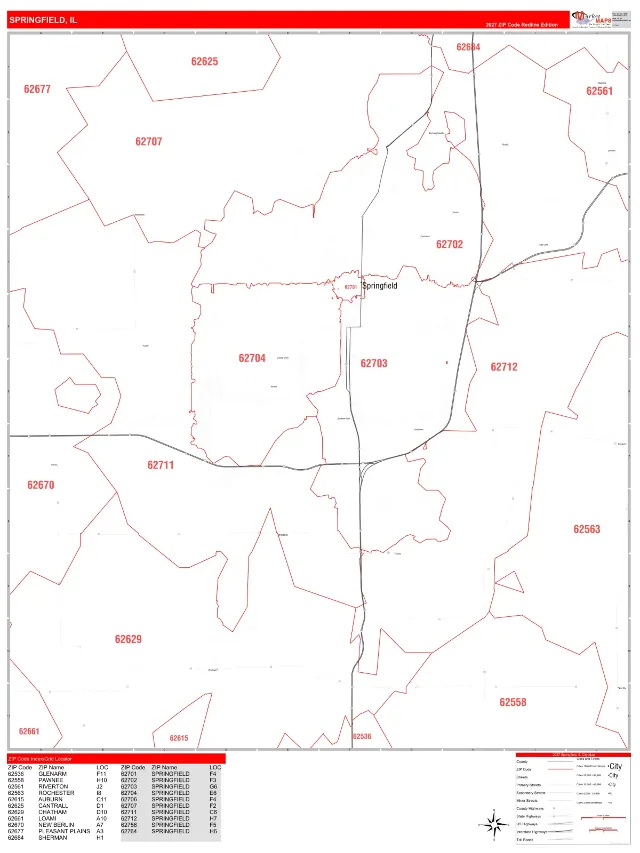 Springfield, IL ZIP Code Wall Map, RedLine style