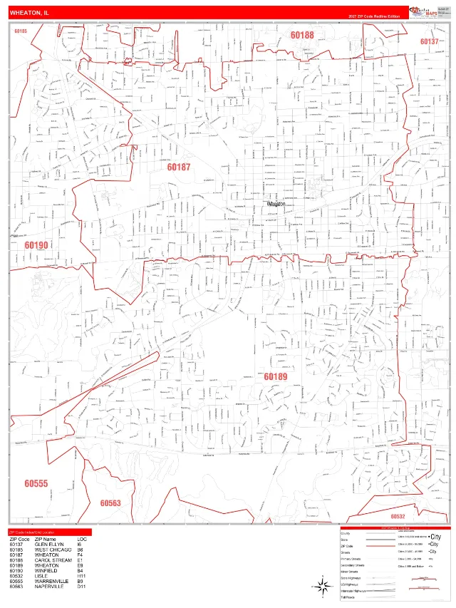 Wheaton, IL ZIP Code Wall Map, RedLine style