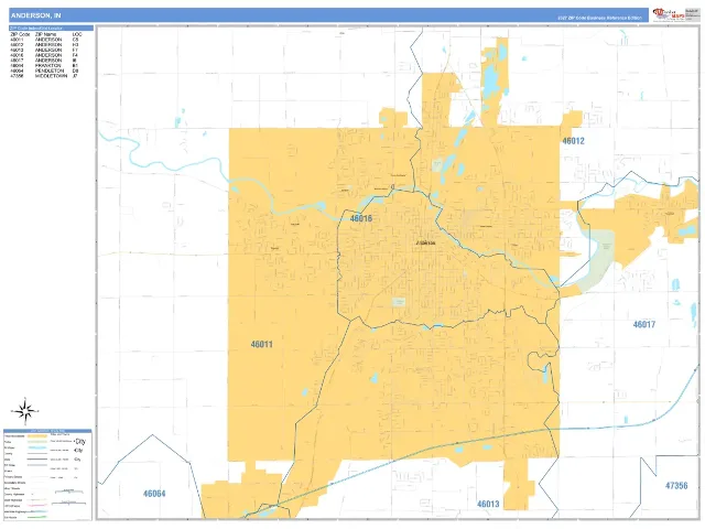 Anderson, IN ZIP Code Wall Map, Business Reference style