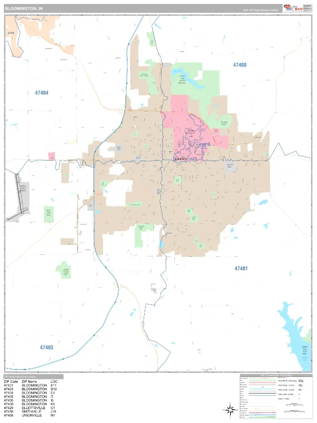 Bloomington, IN ZIP Code Wall Map, Classic style