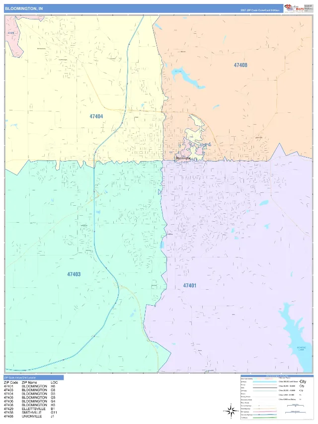 Bloomington, IN ZIP Code Wall Map, ColorCast style