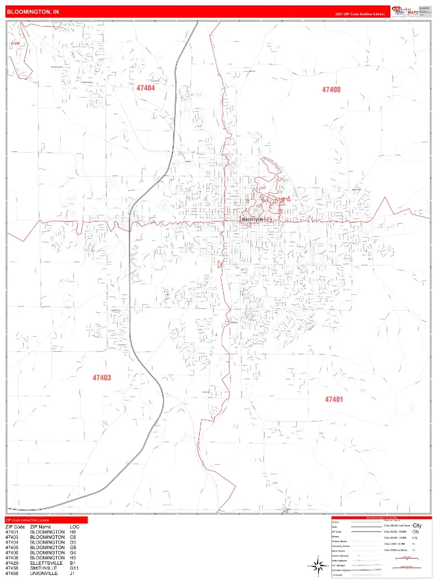 Bloomington, IN ZIP Code Wall Map, RedLine style
