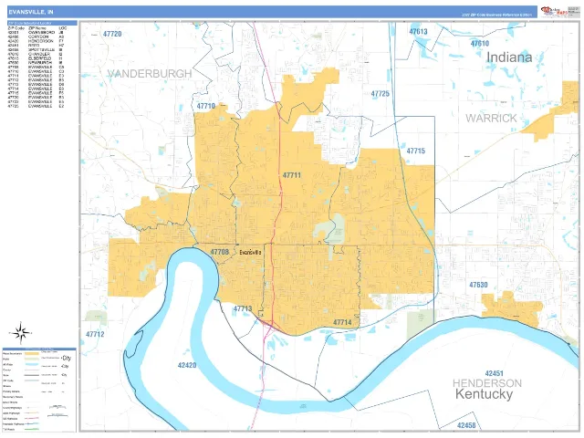 Evansville, IN ZIP Code Wall Map, Business Reference style