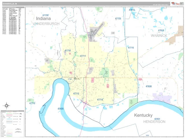 Evansville, IN ZIP Code Wall Map, Classic style