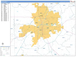 Fort Wayne, IN Business Reference style ZIP Code wall map