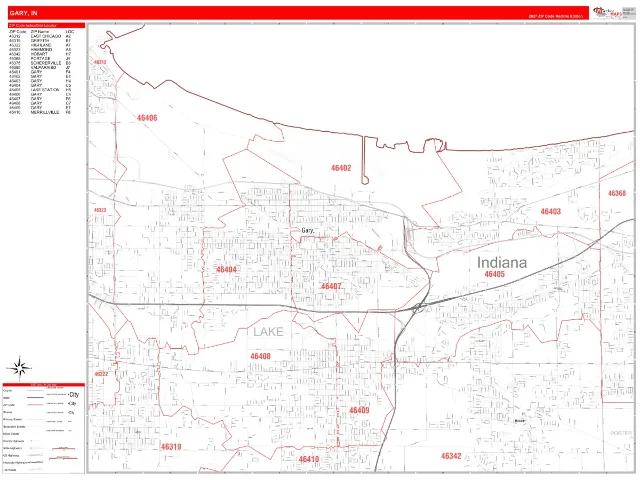 Gary, IN ZIP Code Wall Map, RedLine style