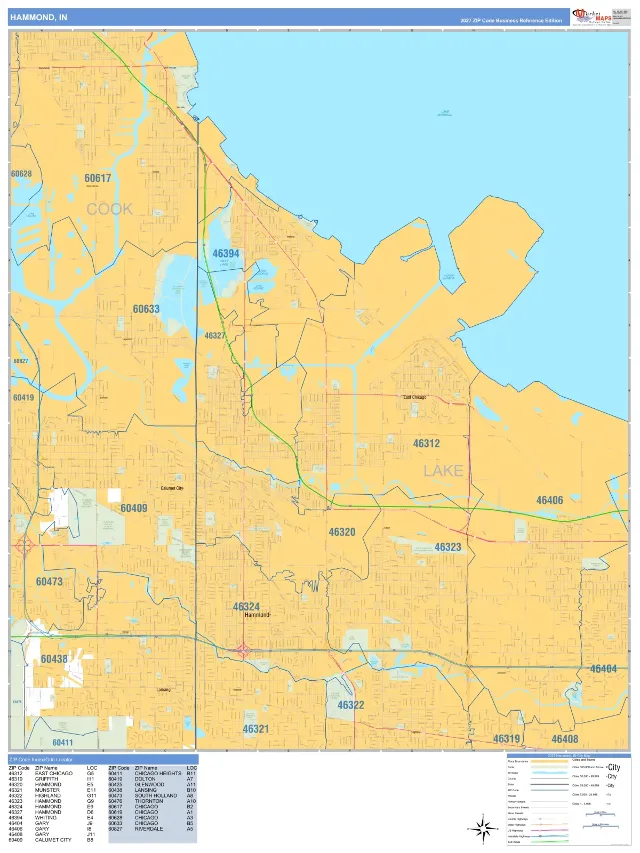 Hammond, IN ZIP Code Wall Map, Business Reference style