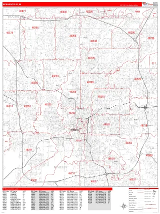 Indianapolis, IN RedLine style ZIP Code wall map