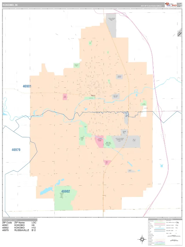Kokomo, IN ZIP Code Wall Map, Classic style