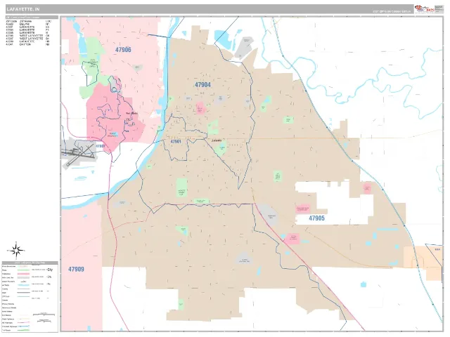 Lafayette, IN ZIP Code Wall Map, Classic style