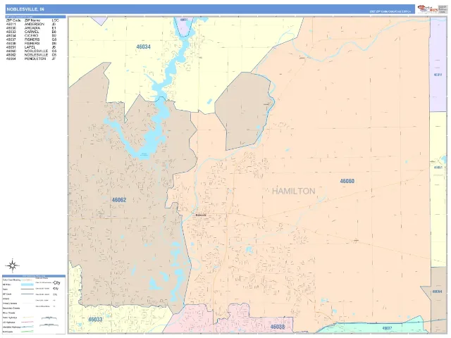 Noblesville, IN ZIP Code Wall Map, ColorCast style
