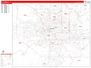 South Bend, IN RedLine style ZIP Code wall map
