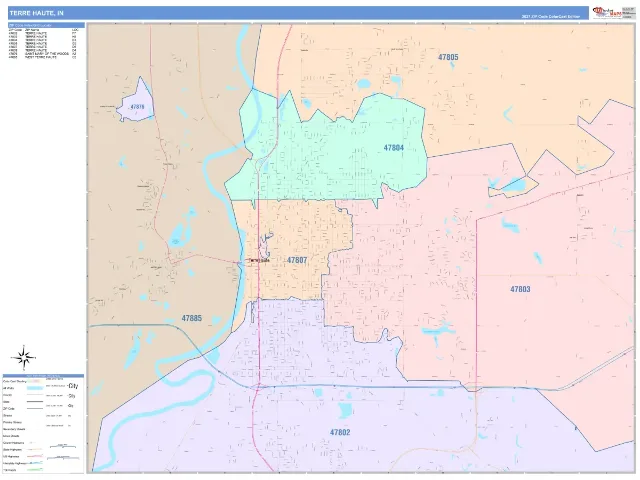 Terre Haute, IN ZIP Code Wall Map, ColorCast style
